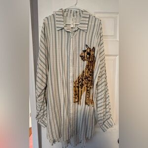 Anthropologie LouLou Avenue Blue and White Striped Shirt with Leopard -XL